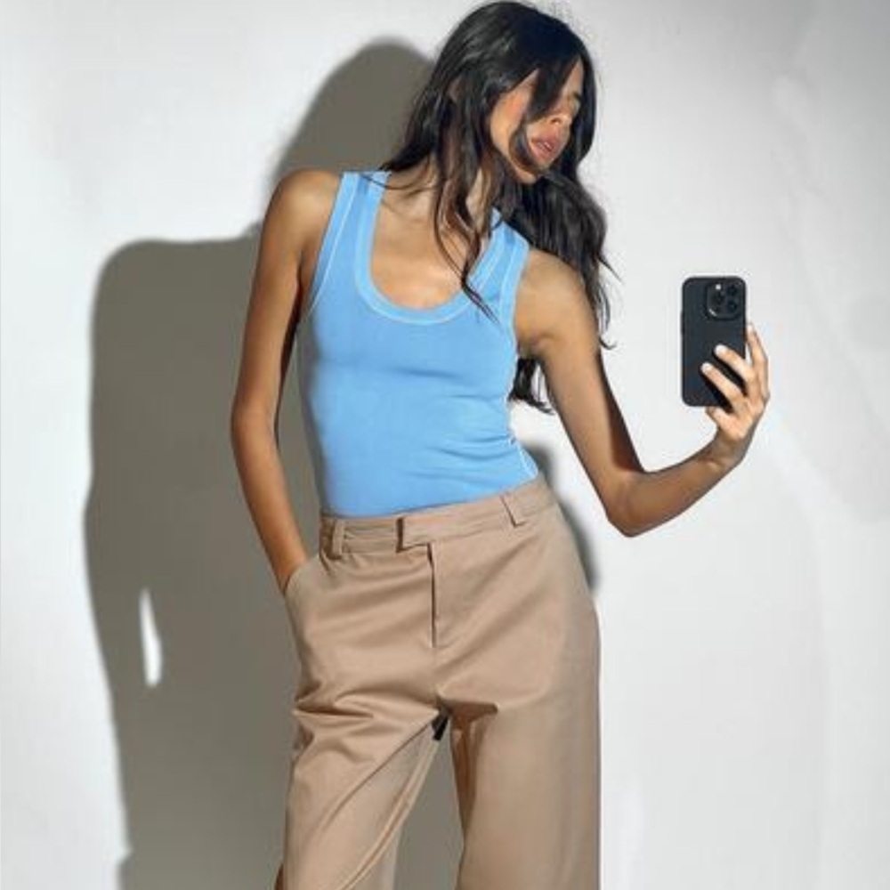 Zara Basic Knit Tank Top with Contrasting Piping In Light Blue Size L‎ NWT